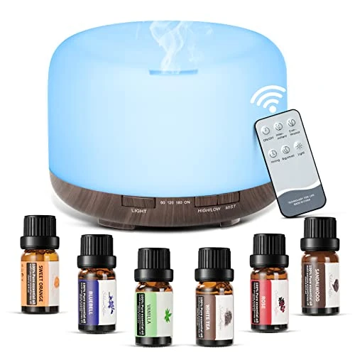 ACWOO Diffusore di Oli Essenziali con 6x10ml Oli Inclusi, Telecomando 7 Colori LED, Umidificatore ad Ultrasuoni Fino a 9 Ore, per Yoga, Senza BPA