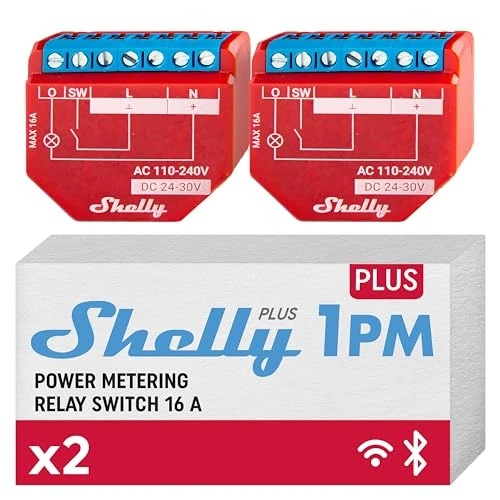 Shelly Plus 1PM | WiFi & Bluetooth Smart Relay Switch with Power Metering | Home Automation | Compatible with Alexa & Google Home | iOS Android App | No Hub | Wireless Lighting Control (2 Pack)