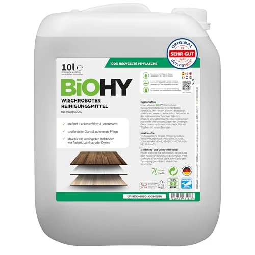 Offerta a tempo: BiOHY Detergente robot pulenti (Lattina da 10 Litri) | Detergente per i pavimenti in legno | parquet e laminato | Concentrato economo dall'odore fresco lucentezza senza striature (Wischroboter Holz) - 23% da 63.48 € a 49.11 €
