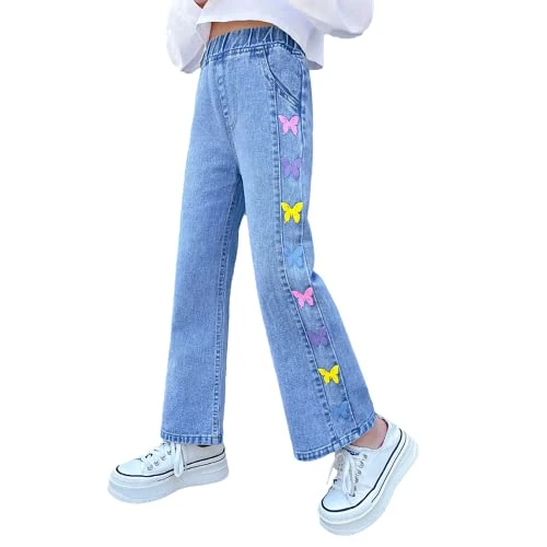 Offre limitee: Rolanko Jeans Large Fille Bootcut Déchiré Troué Élastique Waille Denim Pantalon pour Enfants, Blue Color Fly, Taille: 150 de 31.99 EUR a 23.59 EUR (economie 26%)
