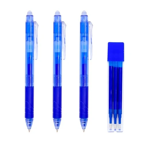 RAYLU PAPER - Lot de 3 Stylos Effaçables Rechargeables et 3 Recharges d´Encre Gel, Couleur Bleue et Trait de 0,7 mm, 3 Stylos Billes Effaçables et 3 Recharges (3 Bleus + 3 Recharges)