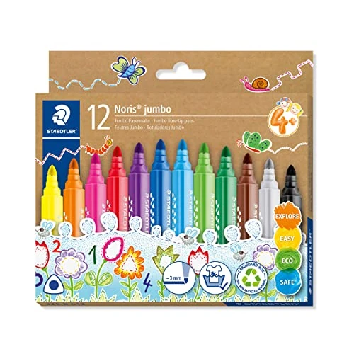 Staedtler 328-B C12 Pennarelli spessi Noris jumbo, fusto ergonomico, per bambini dai 4 anni in su, 12 pennarelli in colori assortiti, in confezione di cartone ecologica