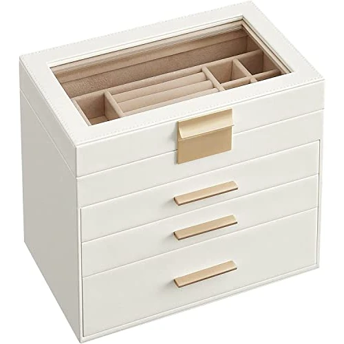 SONGMICS Jewellery Box with Glass Lid, 4-Layer Jewellery Storage Organiser with 3 Drawers, Plenty of Storage, Modern, Gift Idea, 15.3 x 25.1 x 21.5 cm, Cloud White and Gold Colour JBC161W01