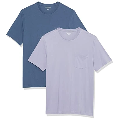 Amazon Essentials T-shirt coupe droite à encolure ronde et manches courtes, avec poche Homme, Lot de 2, Bleu Délavé/Lavande, XL