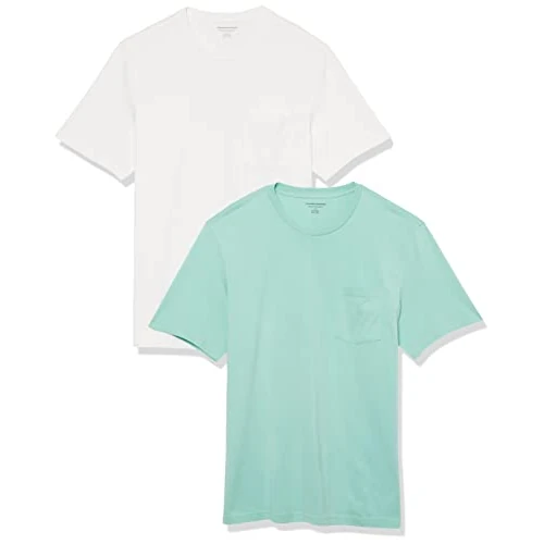 Amazon Essentials Herren Kurzärmeliges T-Shirt mit Rundhalsausschnitt und Tasche, 2er-Pack, Aquagrün/Weiß, M