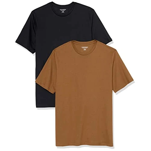 Amazon Essentials T-shirt en Coton à Col Rond à Manches Courtes, Coupe Classique Homme, Lot de 2, Brun/Noir, L