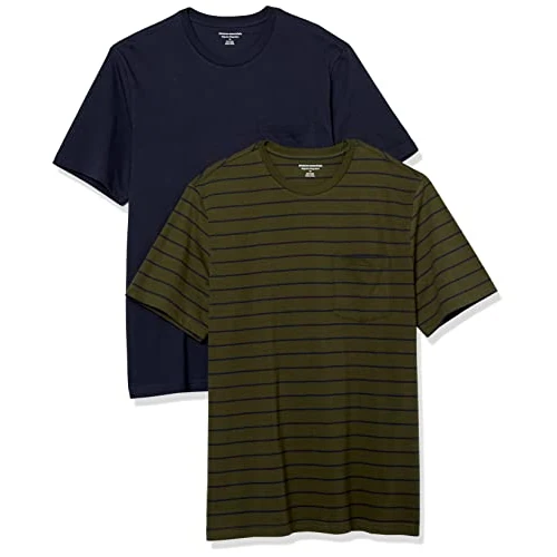 Offerta a tempo: Amazon Essentials T-Shirt Girocollo con Tasca a Maniche Corte Uomo, Pacco da 2, Blu Marino/Verde Oliva Righe, M - 33% da 17.20 € a 11.49 €