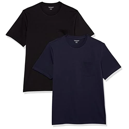 Amazon Essentials Herren T-Shirt mit kurzen Ärmeln, Rundhalsausschnitt und Tasche in normaler Passform, 2er-Pack, Marineblau/Schwarz, XL