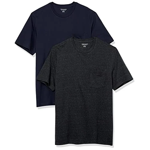 Amazon Essentials Camiseta de Manga Corta con Bolsillo, Cuello Redondo y Corte Recto Hombre, Pack de 2, Azul Marino/Carbón Mezcla, L