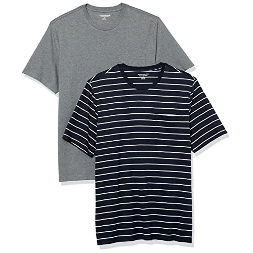 Tijdelijke aanbieding: Amazon Essentials Heren Regular-Fit T-shirt met korte mouwen en ronde hals, 2 stuks, grijs Heather/Navy strepen, L van 24.99 € naar 24.99 € (0.00% korting)