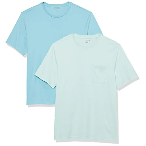 Amazon Essentials Maglietta Girocollo a Maniche Corte con Taschino dalla vestibilità Standard Uomo, Pacco da 2, Blu Acqua/Blu Chiaro, L