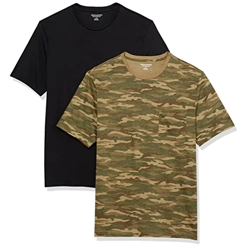 Amazon Essentials T-shirt coupe droite à encolure ronde et manches courtes, avec poche Homme, Lot de 2, Imprimé Motifs Camouflage/Noir, M