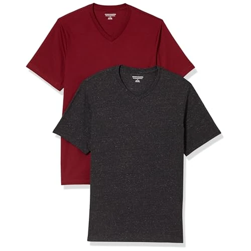 Amazon Essentials T-Shirts Col en v à Manches Courtes Homme, Lot de 2, Charbon Chiné/Rouge Foncé, M