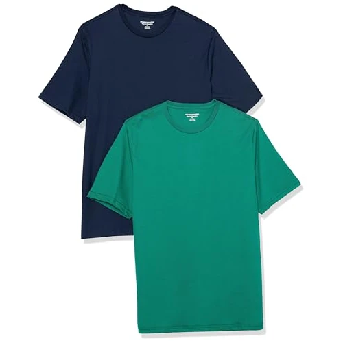 Amazon Essentials T-shirt en Coton à Col Rond à Manches Courtes, Coupe Classique Homme, Lot de 2, Bleu Marine/Vert, XL