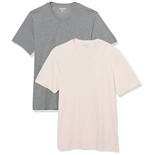Offerta a tempo: Amazon Essentials T-Shirt da Uomo Slim Fit Manica Corta Scollo a V, Confezione da 2, Grigio mélange/Rosa Pallido, XL - 0% da 12.79 € a 12.79 €