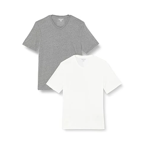 Amazon Essentials Męski T-shirt z krótkim rękawem i dekoltem w serek o regularnym kroju (dostępny w dużych i wysokich), 2 sztuki, szary wrzosowy/biały, rozmiar M