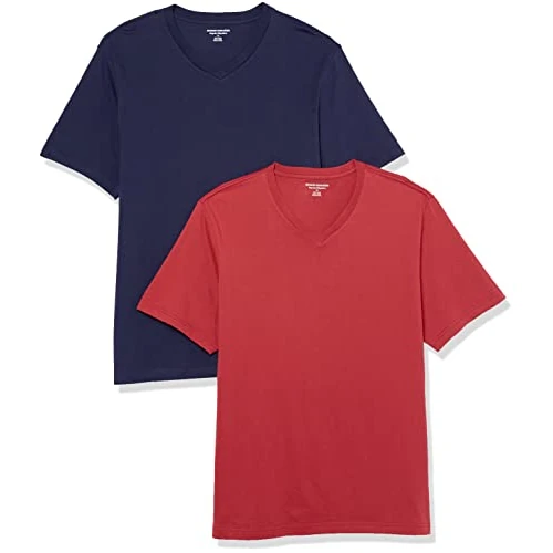 Amazon Essentials T-Shirt da Uomo a Maniche Corte con Scollo a V vestibilità Regolare (Disponibile nelle Taglie Big & Tall), Confezione da 2, Blu Navy/Rosso Scuro, M