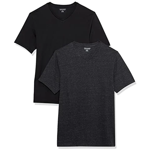 Amazon Essentials Camisetas de Cuello en v de Manga Corta Hombre, Pack de 2, Carbón Mezcla/Negro, XS