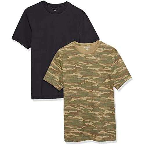 Amazon Essentials T-shirt ajusté à encolure ronde et manches courtes Homme, Lot de 2, Noir/Vert Imprimé Motifs Camouflage, L