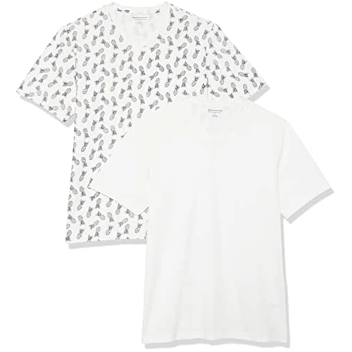 Tijdelijke aanbieding: Amazon Essentials Heren Slim-Fit T-shirt met korte mouwen en V-hals, verpakking van 2 stuks, wit met ananasprint, Large van 23.49 € naar 23.49 € (0.00% korting)