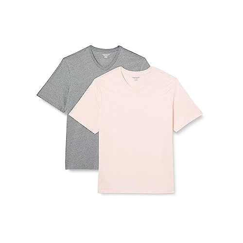 Amazon Essentials T-Shirts Col en v à Manches Courtes Homme, Lot de 2, Gris Chiné/Rose Pâle, S