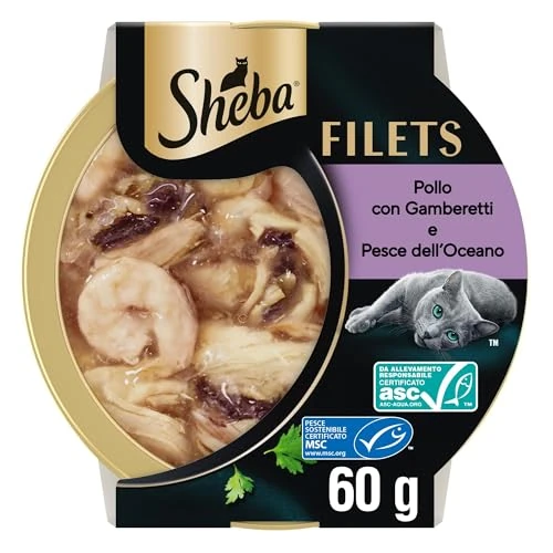 Offerta a tempo: Sheba Filets Cibo Umido per Gatti Adulti con Pollo, Pesce Oceano e Gamberetti in Salsa, 32 Vaschette da 60 g, Totale 1.920g - 29% da 44.46 € a 31.36 €