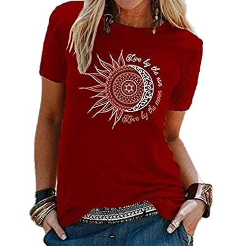 Offerta a tempo: Baynetin Donna Magliette Manica Corta con Stampa Luna e Sole, T-Shirt da Donna con Scollo Rotondo, Maglietta Ampia da Donna con Girocollo Casual (Vino Rosso, XL) - 50% da 19.99 € a 9.99 €