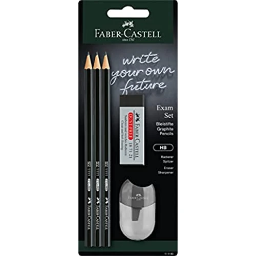 FABER-CASTELL 111183 - Set de crayons Exam, avec trois crayons 1111 de dureté HB, avec taille-crayon et gomme, noir