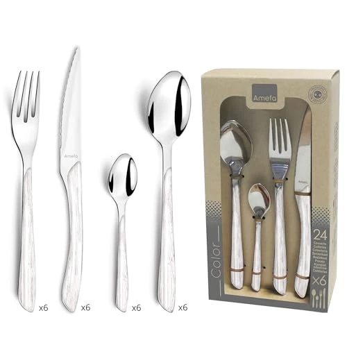 Amefa ECLAT Nature Cubertería de 24 Piezas de Madera Blanca, Acero Inoxidable
