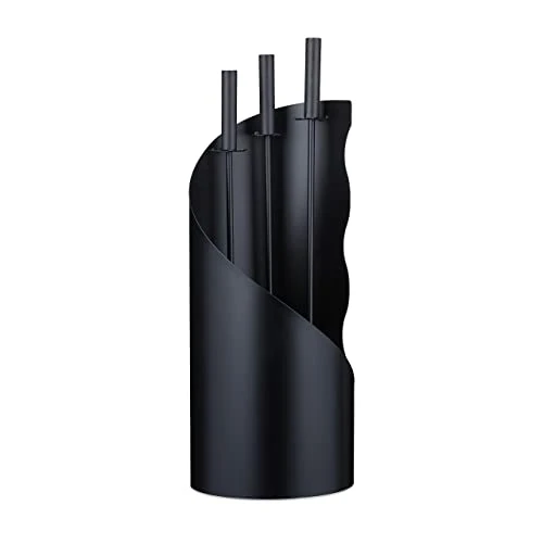 Relaxdays Set da 4 Accessori per Camino e Stufa, Attizzatoio, Paletta Raccogli Cenere, Scopino e Supporto, Moderno, Nero