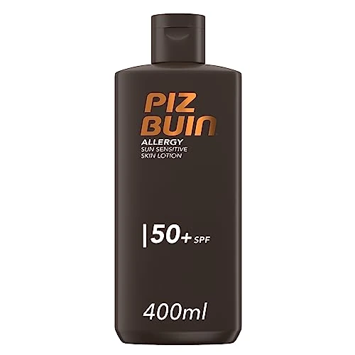 Offerta a tempo: PIZ BUIN Allergy Latte Solare SPF 50+, Crema solare 50+ per pelli delicate e sensibili al sole, Protezione solare 50+ con filtri UVA/UVB, Protezione SPF50+ resistente all'acqua, 400 ml - 9% da 20.21 € a 18.42 €