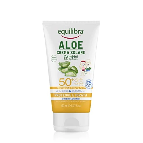 Offerta a tempo: equilibra Solari, Aloe Crema Solare Bambini SPF 50+, Crema Solare Pelli Delicate a Base di Aloe Vera, Olio di Argan, Olio di Cocco, Burro di Karité e Vitamina E, Water Resistant, 150 ml - 53% da 19.90 € a 9.37 €