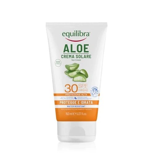 Offerta a tempo: equilibra Solari, Aloe Crema Solare SPF 30, a Base di Aloe Vera, Vitamina C ed E, Olio di Argan, Olio di Cocco e Burro di Karité, Assicura un'Abbronzatura Sana e Naturale, Water Resistant, 150 ml - 46% da 15.70 € a 8.49 €