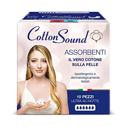 COTTON SOUND Ultra nachtvleugels, absorberend, 10 stuks, 100% katoen, hydrofiel, hypoallergeen, dermatologisch getest, super absorberend, meerlaagse technologie, gemaakt in Italië