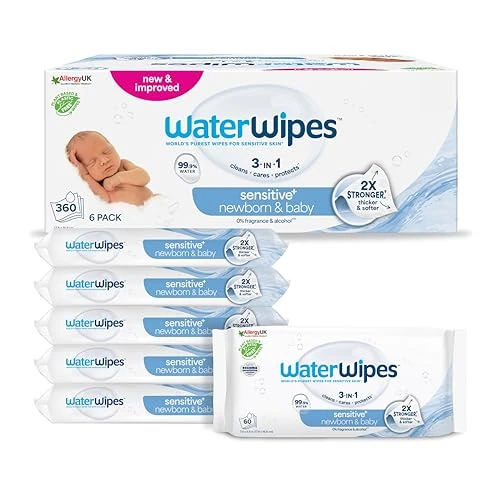 WaterWipes Sensitive+ Newborn & Baby Wipes, Chusteczki dla noworodków i niemowląt, 360 sztuk (opakowanie 6), 3 w 1: delikatnie oczyszczają, pielęgnują, chronią, 99.9% wody, bezzapachowe