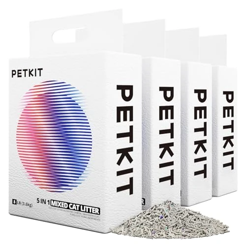 PETKIT Arena Mixta para Gatos 5 en 1, Enjuagable, Sin Olores, con Carbón Activado, Ultra Absorbente y de Secado Rápido(Cuatro Bolsas)