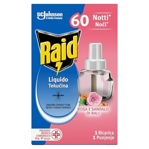 Offerta a tempo: Raid Liquido Elettrico Antizanzare Comuni e Tigre, Ricarica, Fragranza alla Rosa e al Sandalo di Bali, Confezione da 1 Ricarica da 36ml, 60 Notti - 40% da 5.79 € a 3.49 €