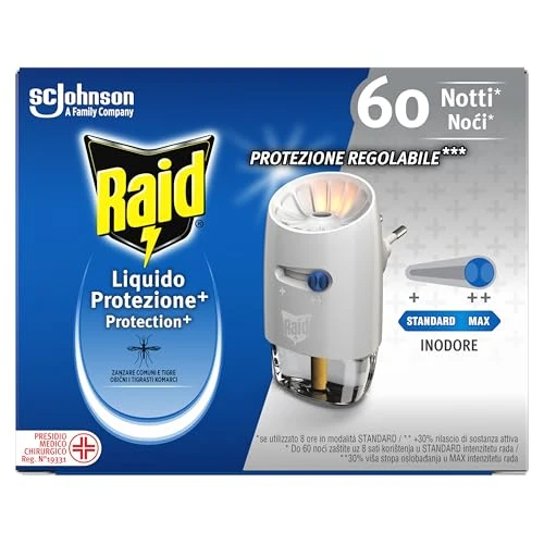 Offerta a tempo: Raid Liquido Elettrico Protezione+ Antizanzare Comuni e Tigre, Inodore, Protezione Regolabile, Confezione da 1 Diffusore e 1 Ricarica 36ml, 60 Notti - 43% da 6.99 € a 3.98 €