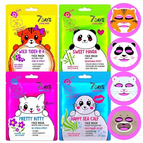 7Days Kit Maschere Viso Animal in Tessuto con Effetto Idratante Purificante e Antirughe con Vitamina C Niacinamide Olio di Karite ed Estratti Naturali per Skincare Donna Uomo e Bambini 4 pz