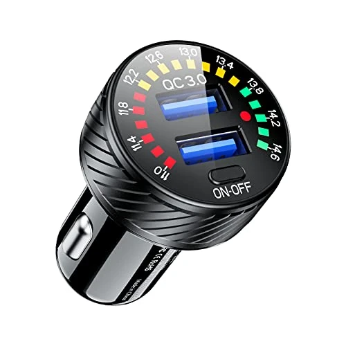 Thlevel Caricabatterie Auto USB 36W 6A Doppia Porta QC3.0 Ricarica Rapida Caricatore con Voltmetro Colorato e Interruttore Compatibile con iPhone 12/11 Pro/Max/8 Galaxy S21/20/10/9