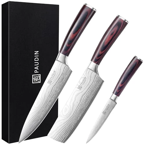PAUDIN Kitchen Knife Set, 3-Piece Knife Set Made of High-Quality Carbon Stainless Steel, Ultra Sharp Knife Set with Chef's Knife Chopping Knife Utility Knife Professional Knife with Hozl Handle
