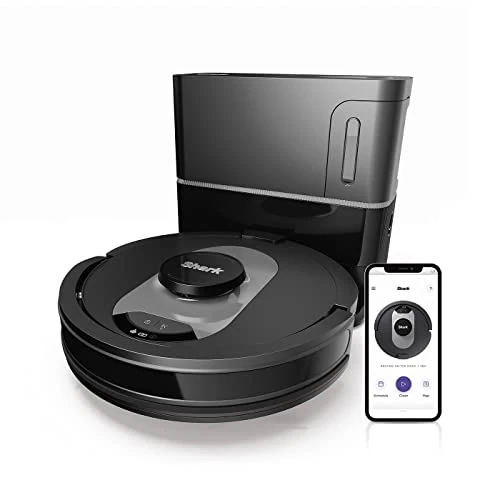 Shark AI 360 Self-Empty Vacuümrobot, anti-haarwrap, automatisch afzuigstation, tapijten en harde vloeren, wifi, optimaal tegen dierenhaar, 34,8 x 34,8 x 10 cm, zwart/zilver