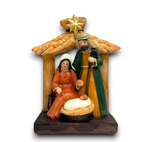 Offerta a tempo: KORAT Natività in Resina con Capanna Effetto Legno 15x7x13 cm – Presepe Natalizio Classico con Sacra Famiglia e Gesù Bambino – Decorazione Natalizia Artigianale Dipinta a Mano, Ideale per Casa o Regal - 0% da 11.69 € a 11.69 €