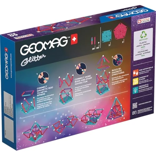 Geomag Glitter 60 Pièces Jeu de Construction magnétique pour Enfants, Cadeau pour garçons et Filles de 5 6 7 8 9 10 11 12 13 Ans, constructions magnétiques, Jeux pour Enfants