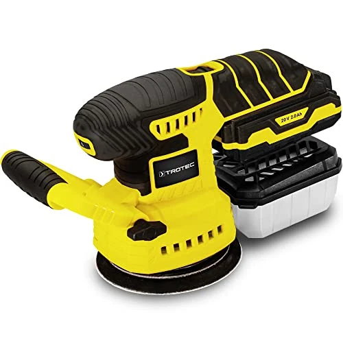 TROTEC Szlifierka akumulatorowa PESS 10-20V – szlifierka 65 W, akumulator wielofunkcyjny 20 V 2 Ah, prędkości 3000-12 000 obr/min, średnica powierzchni szlifierskiej: 125 mm, 4 arkusze szlifierskie
