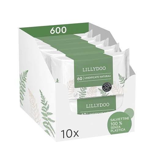 LILLYDOO green natural wipes, 10 packs of 60 pieces (600 wipes), 100% plastic free and fragrance-free (FSC Mix)
