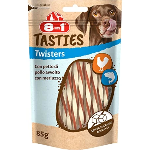 8in1 Tasties Twisters Barras de Aperitivos, golosinas sin Gluten con Bacalao y pechuga de Pollo, 85 g