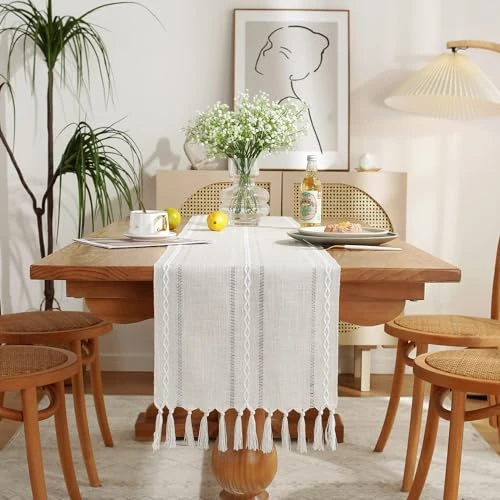 Offre limitee: Wracra Crochet tissé Ivoire Chemin de Table en Coton et Lin Rustique Style Ferme 180 cm de Long avec Glands à la Main pour Salle à Manger Cuisine fête et décoration de Table à Dessert(Ivoire, 180cm) de 14.95 EUR a 11.96 EUR (economie 20%)