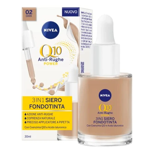 NIVEA Q10 POWER przeciwzmarszczkowy podkład 3w1 Serum 02 Dark 30 ml, kryjący podkład, nawilżający i przeciwstarzeniowy, serum do twarzy z koenzymem Q10 i kwasem hialuronowym