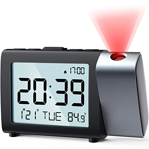 MeesMeek Reloj despertador de proyección digital: Pantalla LCD clara con temperatura fecha 12/24H y modo fin de semana, brillo y volumen ajustables, Reloj a pilas para niños ancianos dormitorio (Rojo)